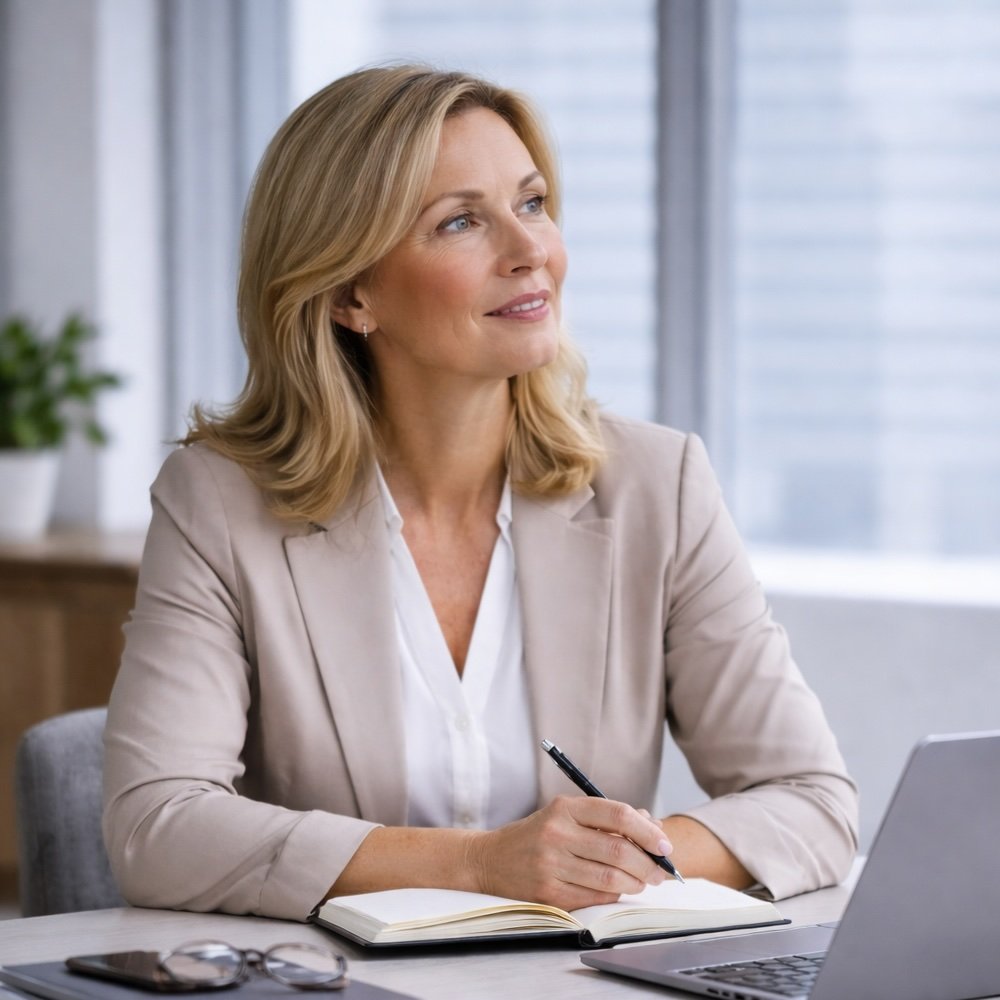 A woman who is a senior-level sales executive with blonde hair, wearing a beige blazer, sitting at a desk with an open notebook, pen in hand, looking thoughtfully out a window.