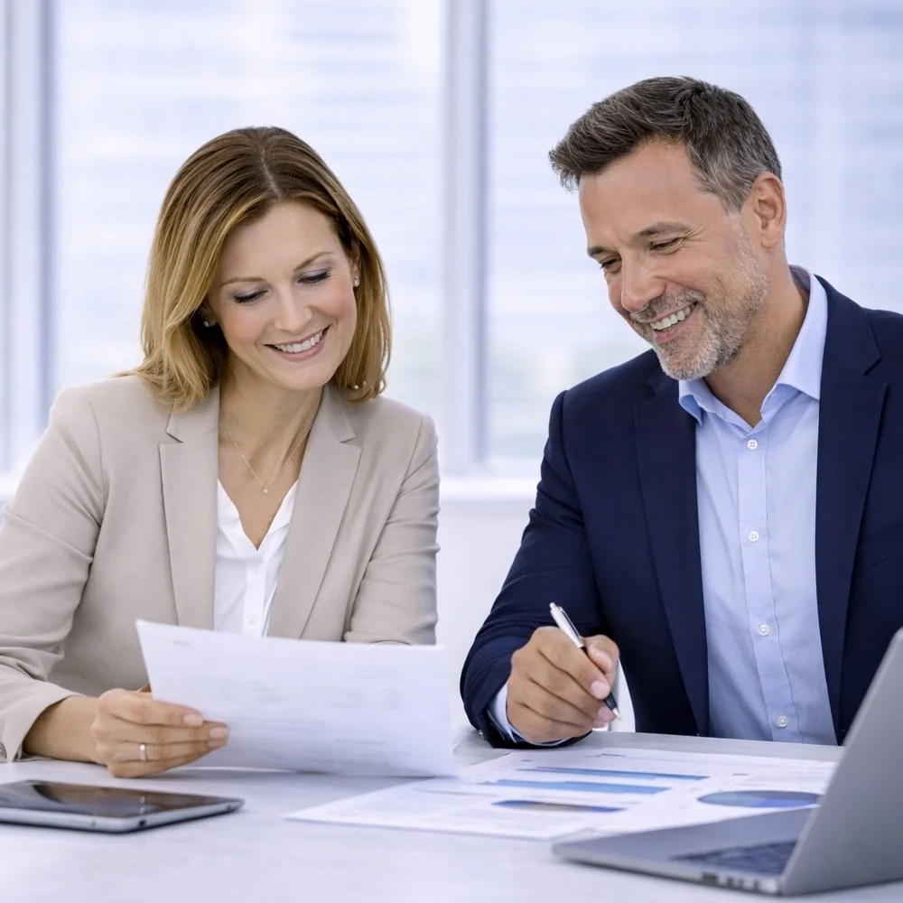A woman and man who are both sales consultants sitting at a table in an office, smiling and reviewing documents, with a laptop and tablet on the table.