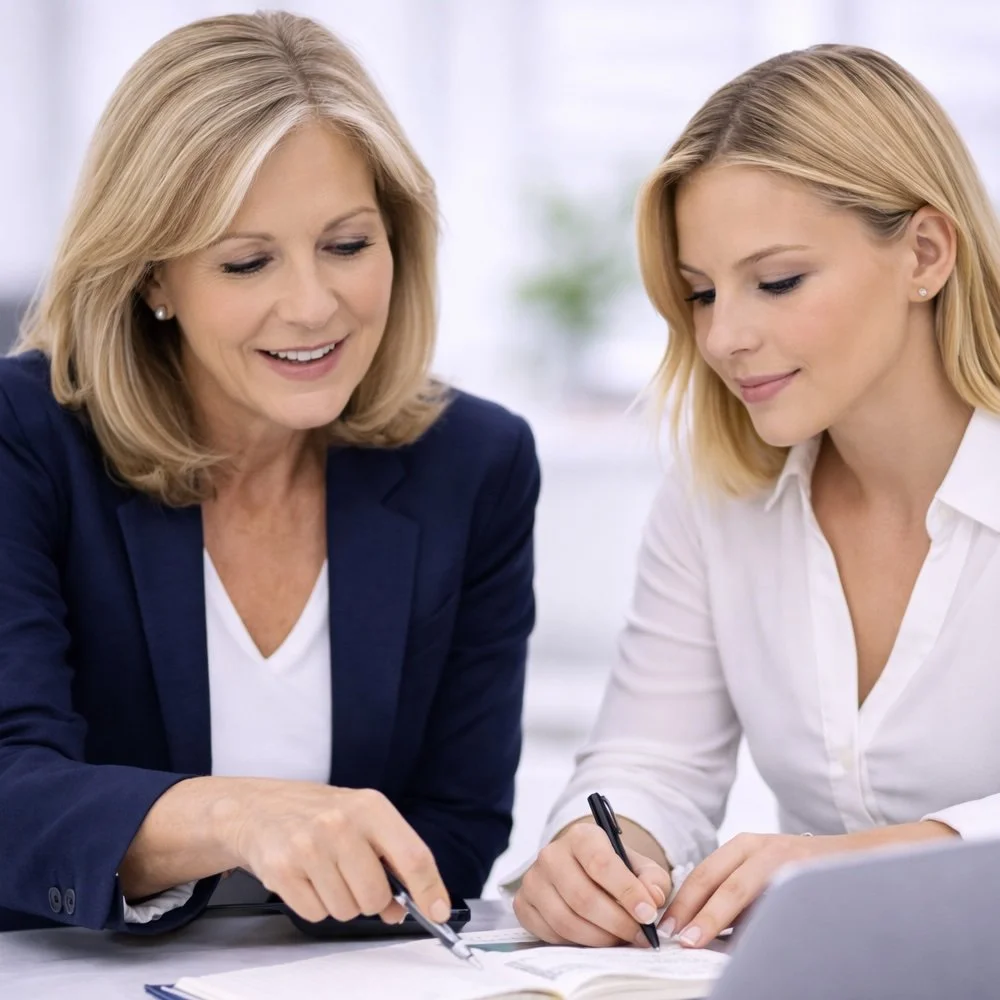 Two women, a professional sales coach and a sales person, one older and one younger, sitting at a table reading and discussing documents together in a bright office.