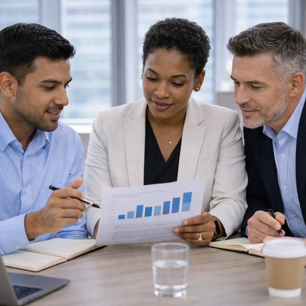 Three business professionals, an account manager and clients, reviewing a report with bar graphs during a meeting in an office.