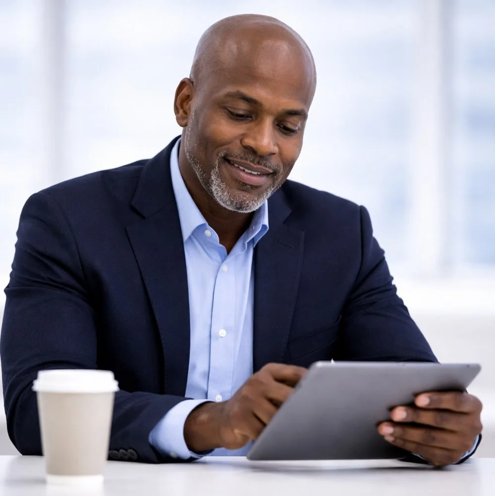 A professional sales consultant, middle-aged bald man with a beard in a business suit using a tablet with a coffee cup on the table