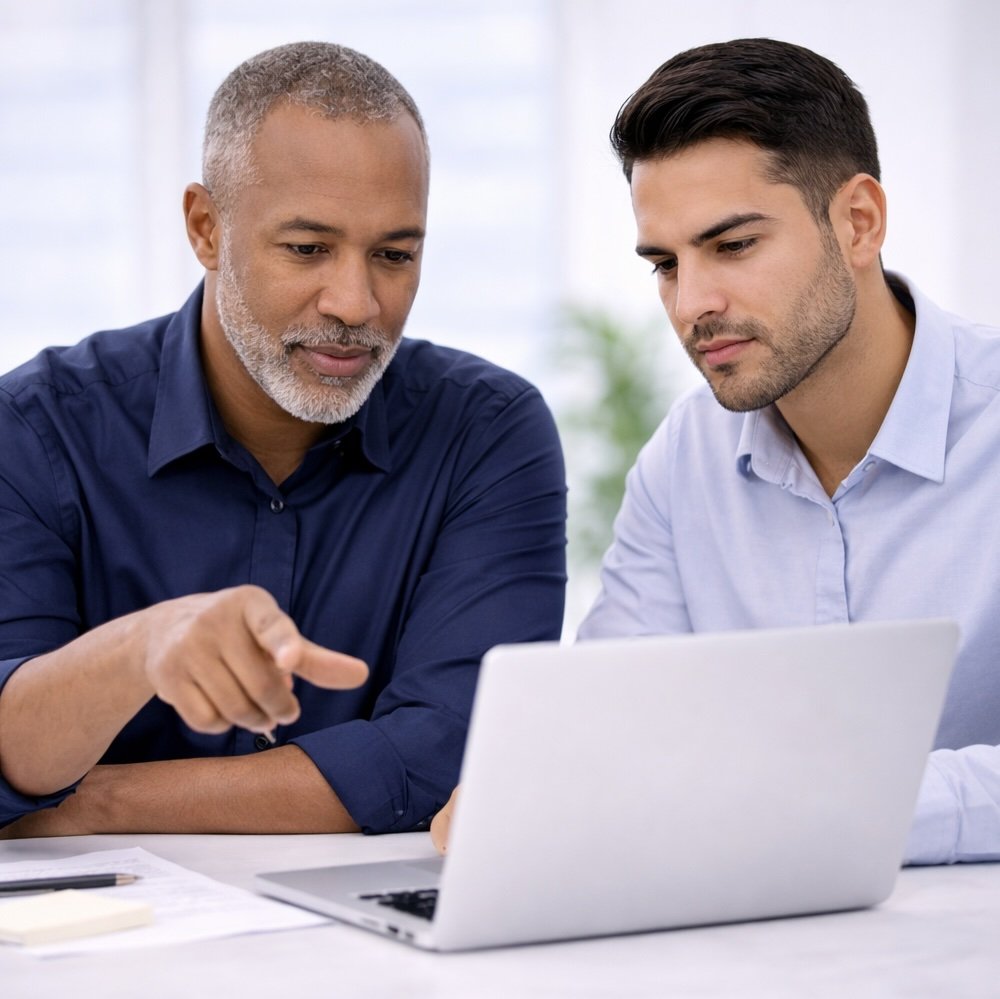 Two men looking at a laptop screen together, discussing a sales situation, in a bright office setting.