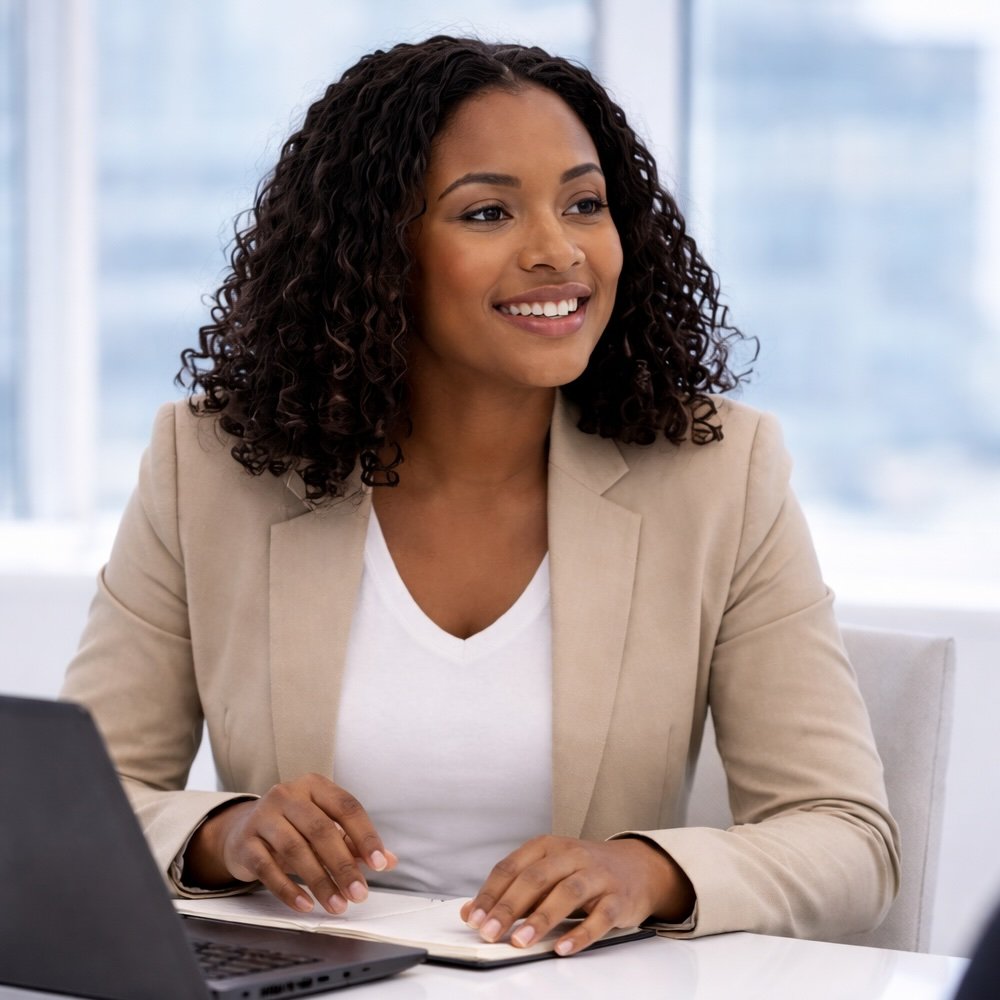 A sales or account management professional, young woman with curly hair and a beige blazer smiling at a meeting in a modern office.