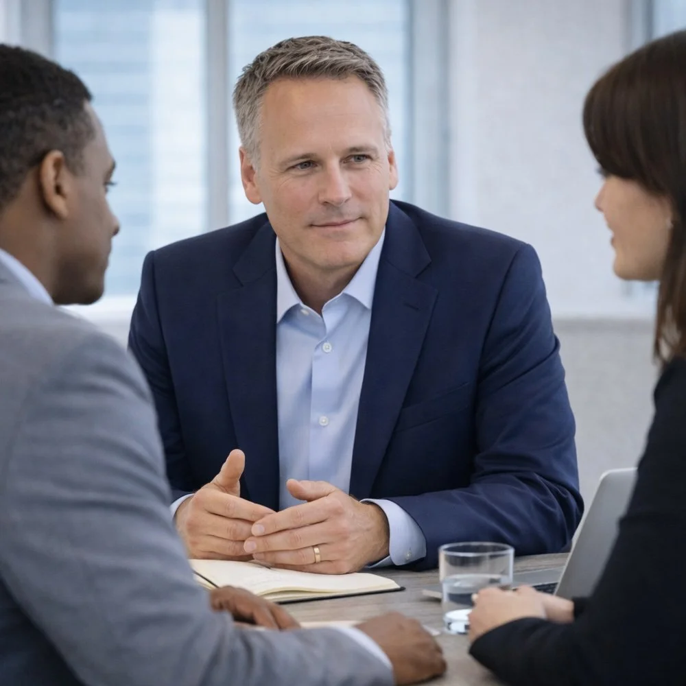 Business meeting with three professionals discussing at a table in a modern office.  Tony Ennis is listening to the other two individuals who are senior-level executives.