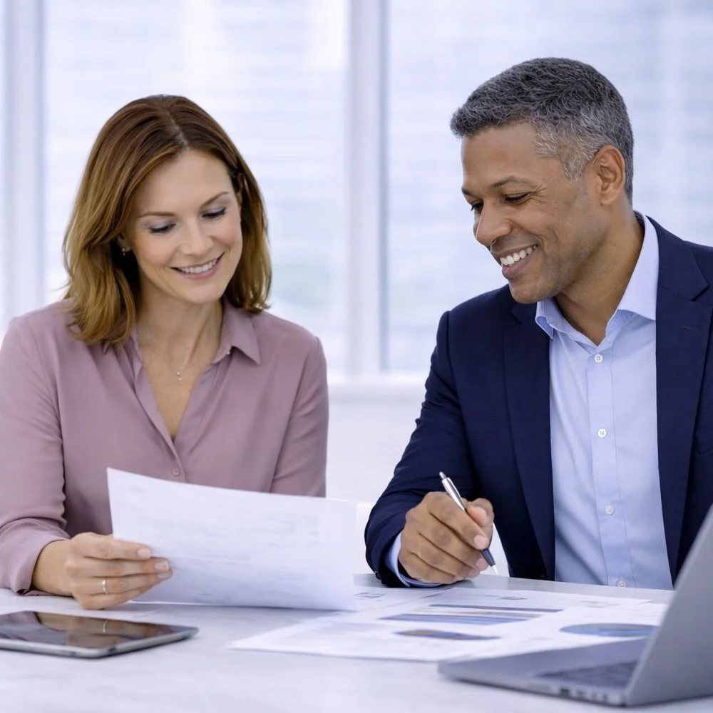 A man who is a business executive and woman who is a sales consultant in business attire smiling and looking at documents in a bright office.