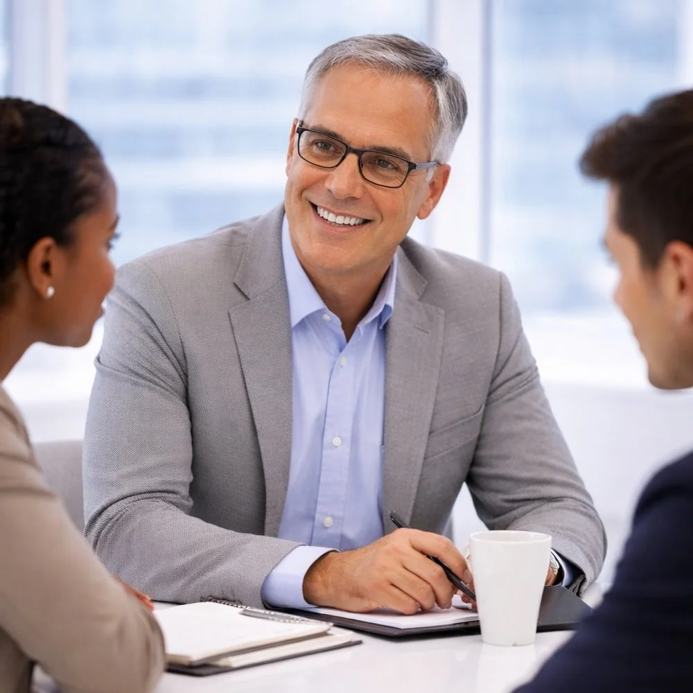 Business meeting with a sales person and two clients, a smiling middle-aged man with gray hair, wearing glasses and a gray suit, talking to a woman and a man in formal business attire near a window.