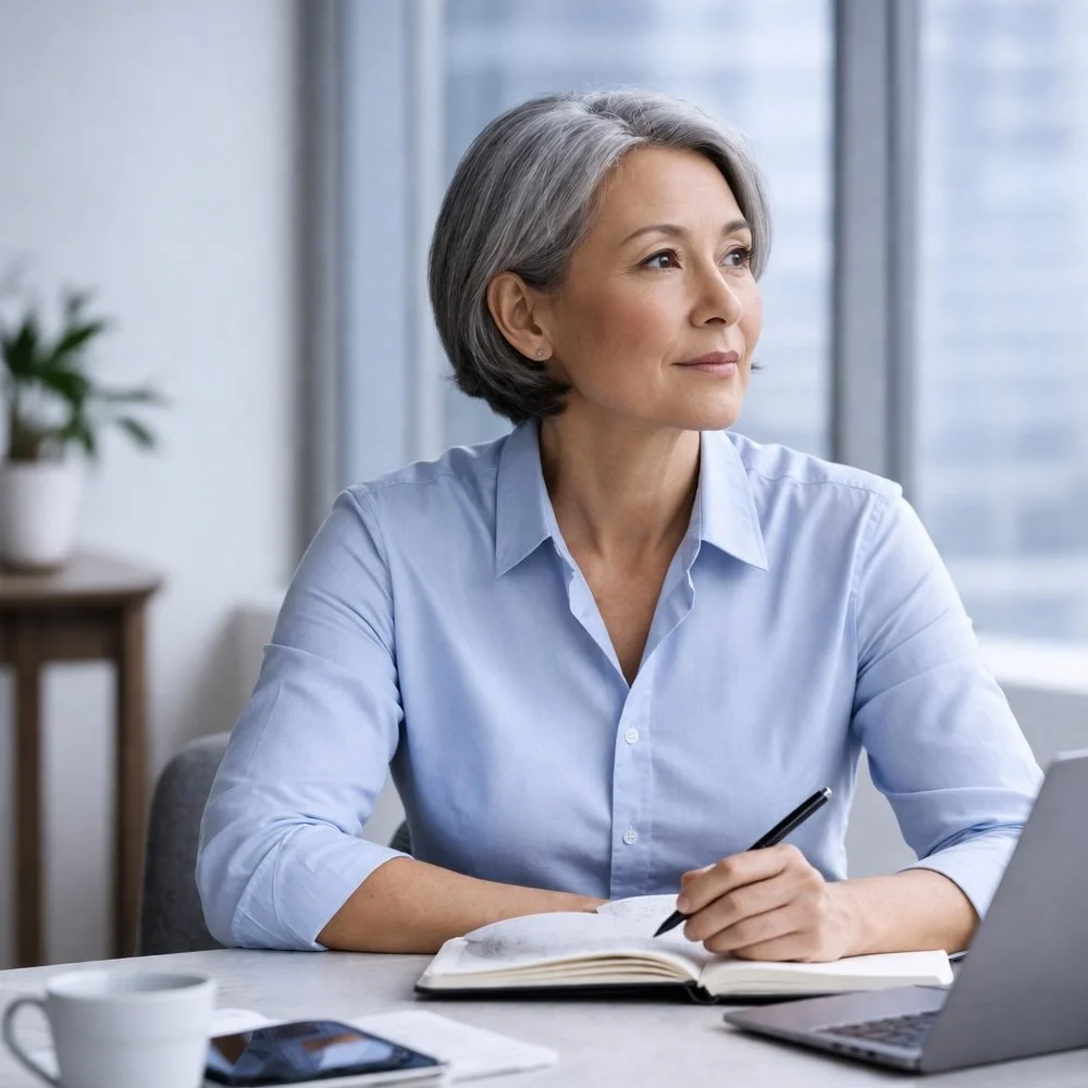 A mature woman who is a senior executive with short gray hair sitting at a desk with a notebook, pen, laptop, coffee mug, and smartphone, looking thoughtfully out the window in a bright, modern office.