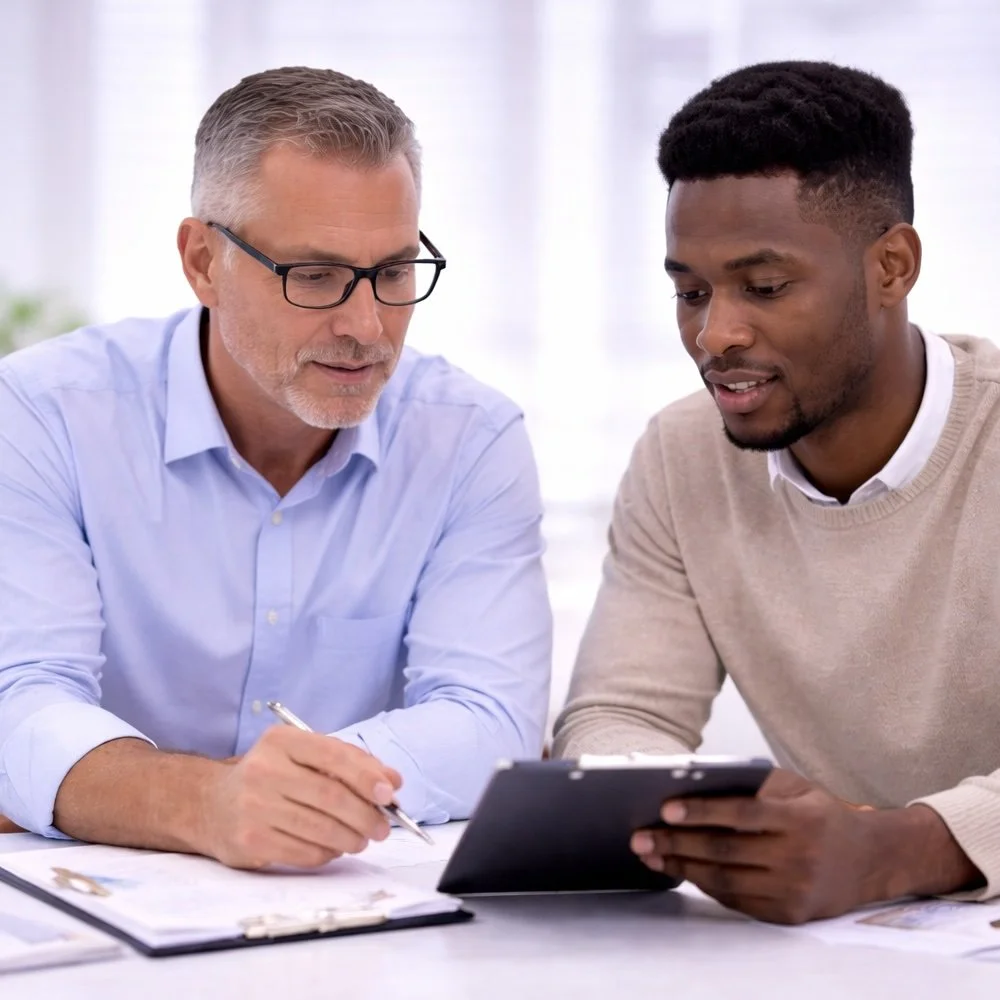 Two men, a sales coach and a sales person, examining a tablet together in an office setting, one holding a pen and the other looking at the tablet, engaged in a coaching session.