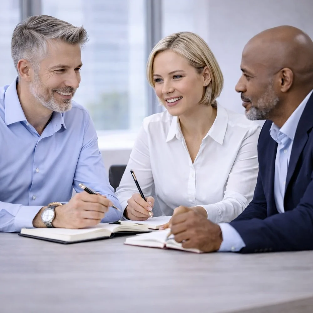 Three professionals, two men and one woman, sitting at a table in a meeting room engaged in a discussion with notebooks and pens in front of them.