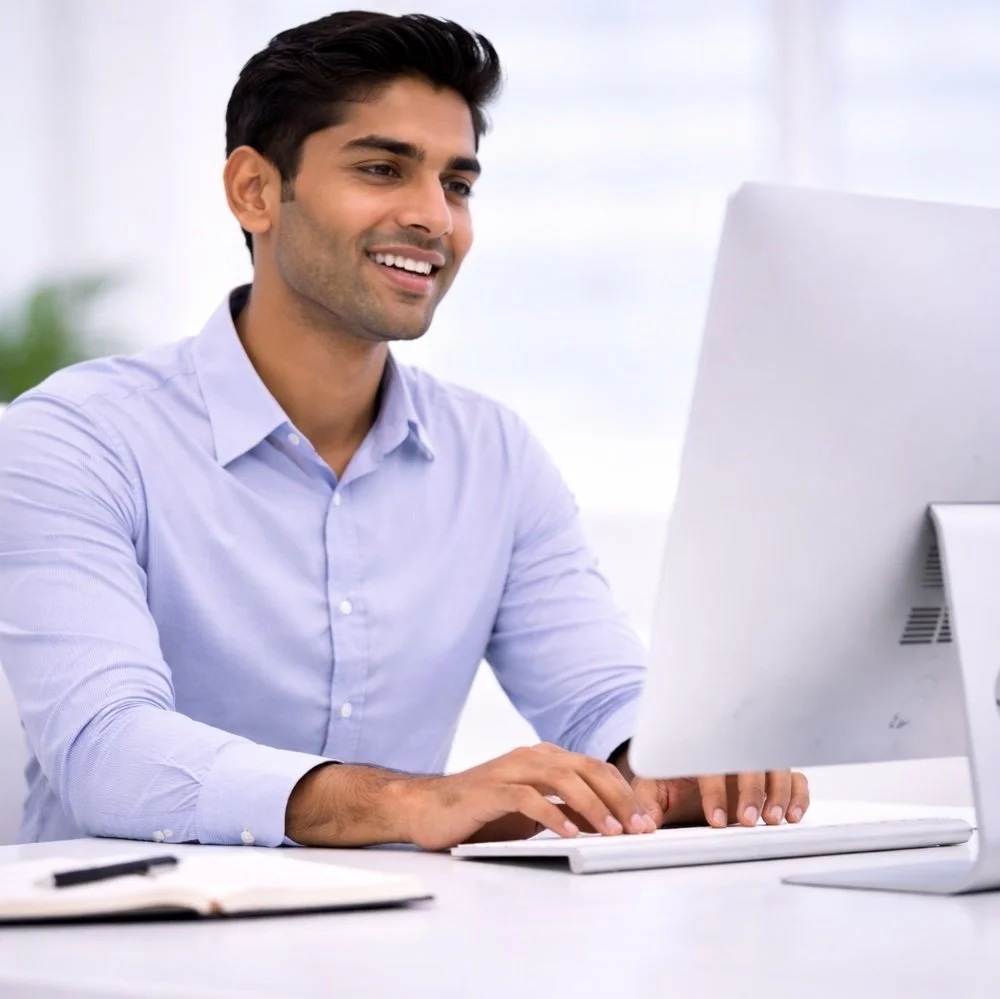 An account manager, man smiling while working on a desktop computer in an office