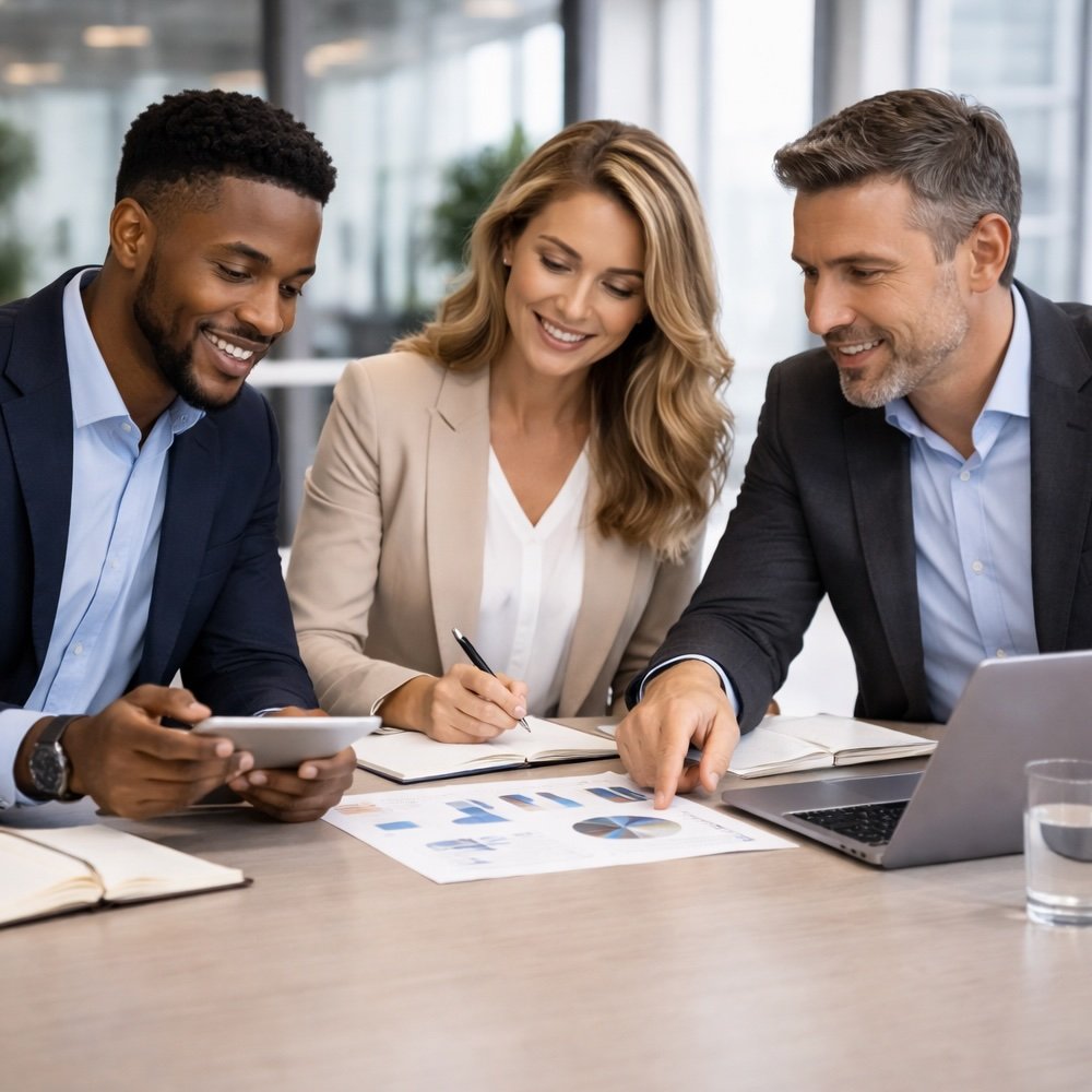 Three sales professionals, two men and one woman, discussing charts and data on paper in a modern office.