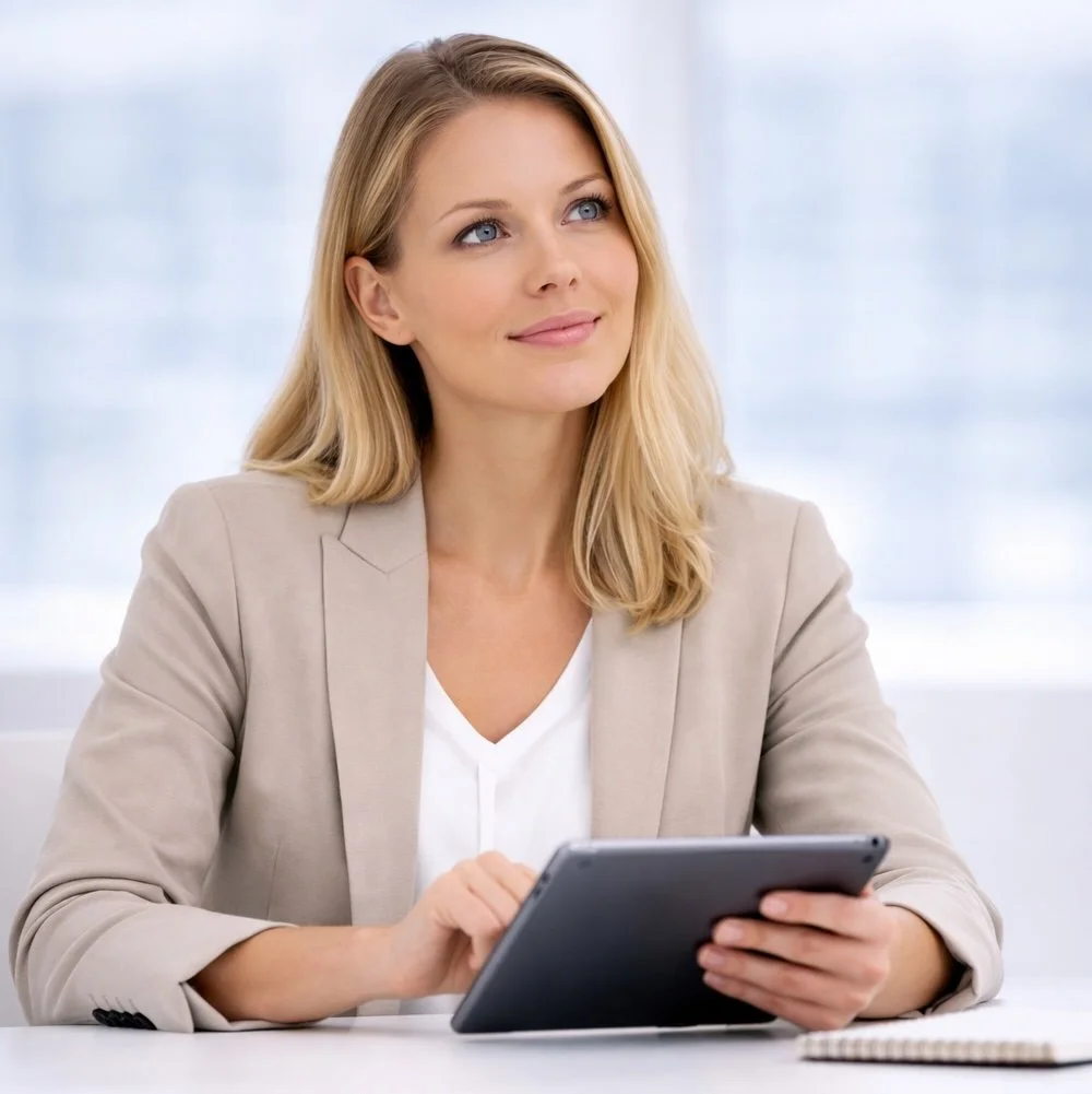 A professional sales person who is a woman with blonde hair, wearing a beige blazer and white top, sitting at a table with a tablet in her hands, looking up thoughtfully in a bright, modern office setting.