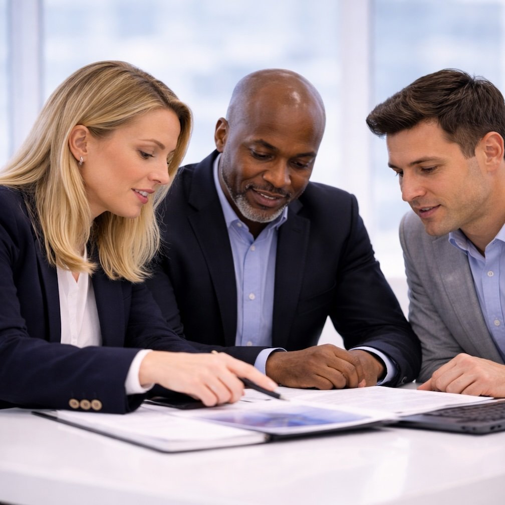 Three sales professionals, two men and one woman, in formal business attire engaged in a discussion over documents at a desk in an office.