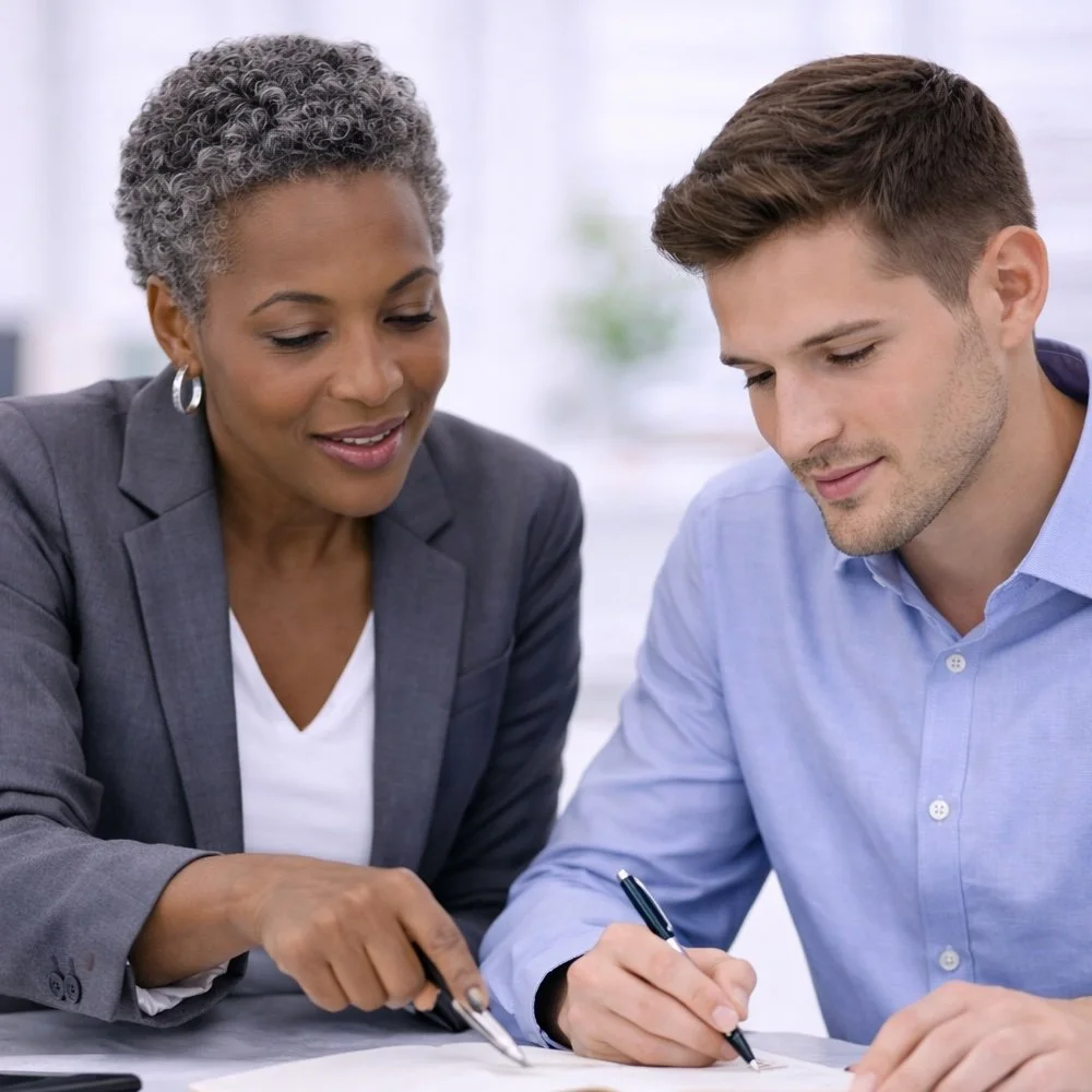 A woman, who is a sales consultant, in a gray blazer and white t-shirt is pointing at a document while a young man, who is a sales person, in a light blue shirt is writing on it, both looking focused.