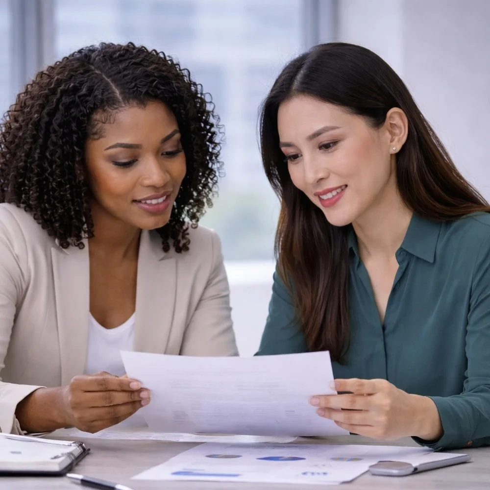 Two women reviewing documents together at a desk in an office.  One woman is a strategic sales coach and the other is a professional sales person.