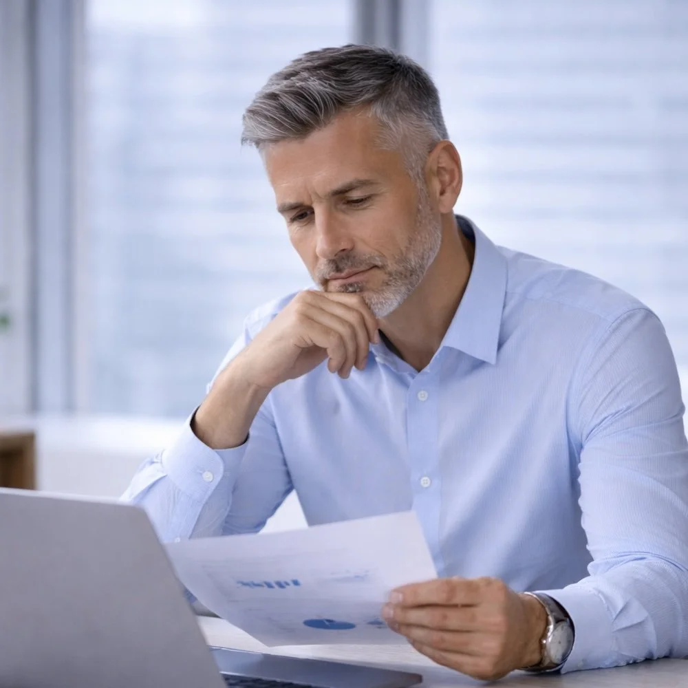 A middle-aged man who is a senior-level sales executive with gray hair and a beard, wearing a light blue dress shirt, sitting at a desk and reading a document with a thoughtful expression.