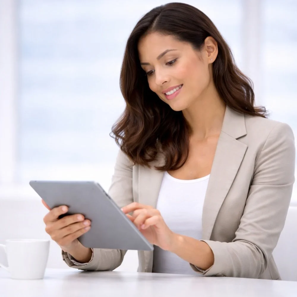 A sales professional, woman in a beige blazer and white shirt is sitting at a white table, holding and looking at a tablet device.