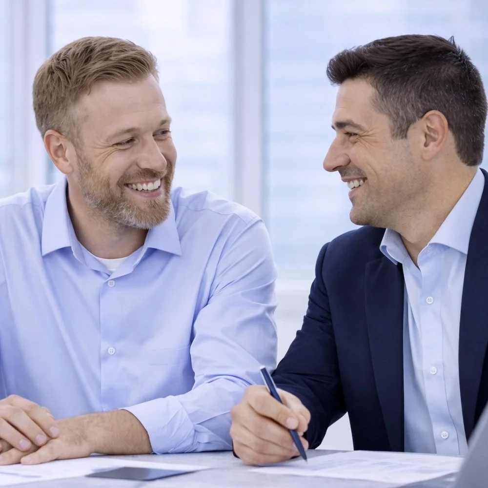 Two male sales professionals in business attire smiling and talking at a table in an office setting.