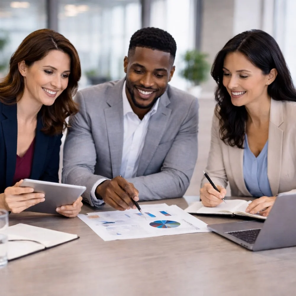 Three businesspeople, a sales manager and two sales representatives, sitting at a table, looking at financial charts and graphs, discussing, in a bright office.