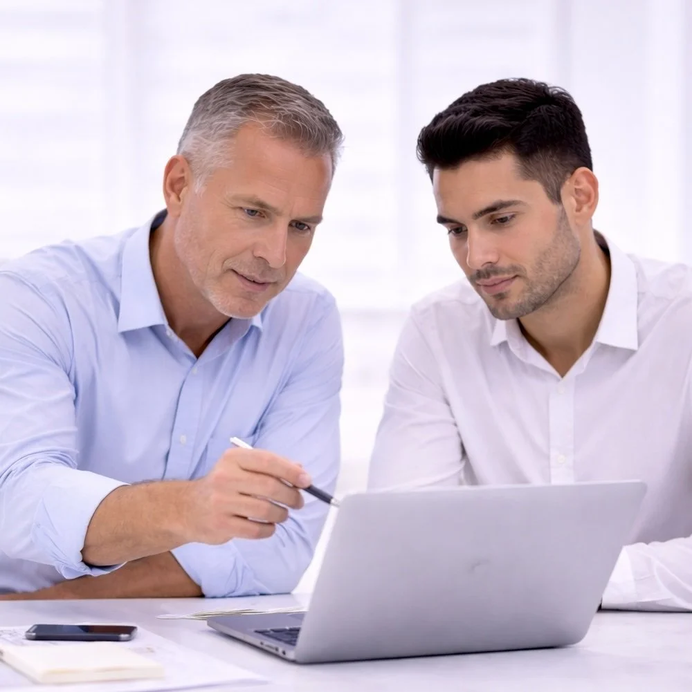 Two men, one older who is a sales manager and one younger who is a sales person, sitting at a table looking at a laptop together in an office setting.