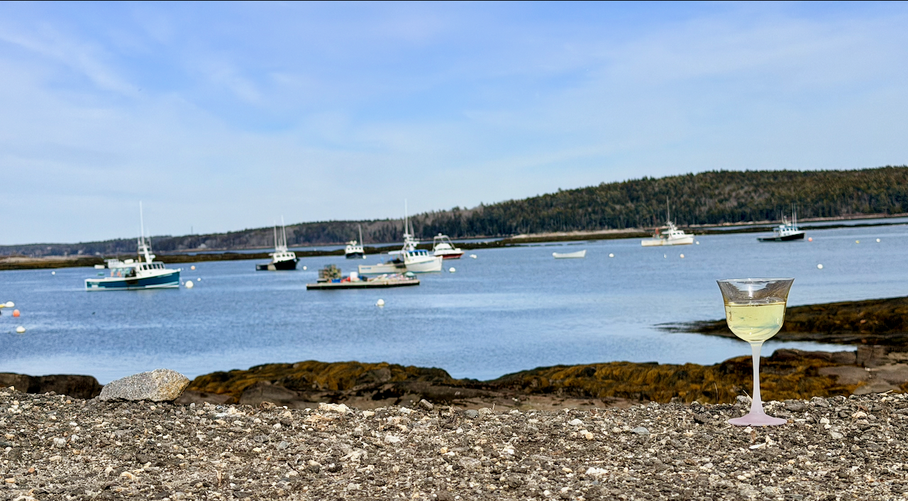 A glass of Chardonnay wine on a rocky Maine coast overlooking a harbor with several boats and a tree-lined shoreline in the background.