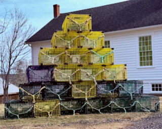 A pyramid of stacked yellow, purple, and green lobster traps with a house in the background under a clear blue sky.