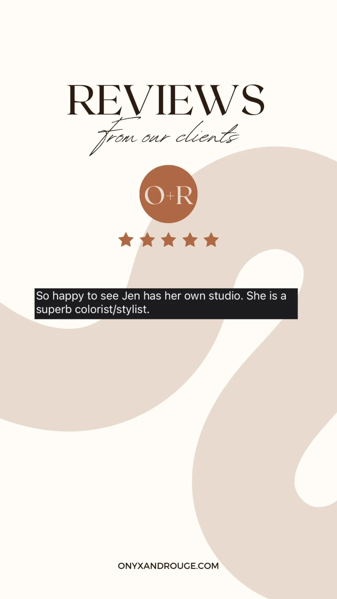 Review announcement with five star ratings and a client testimonial for ONYXANDROUGE.com.