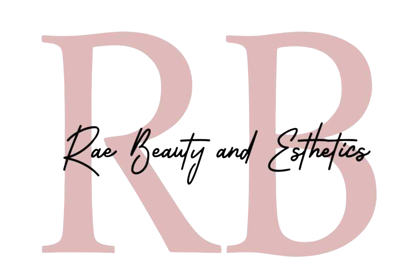 Logo for Rae Beauty and Esthetics with large pink letters R and E, and the business name written in black cursive over the letters.