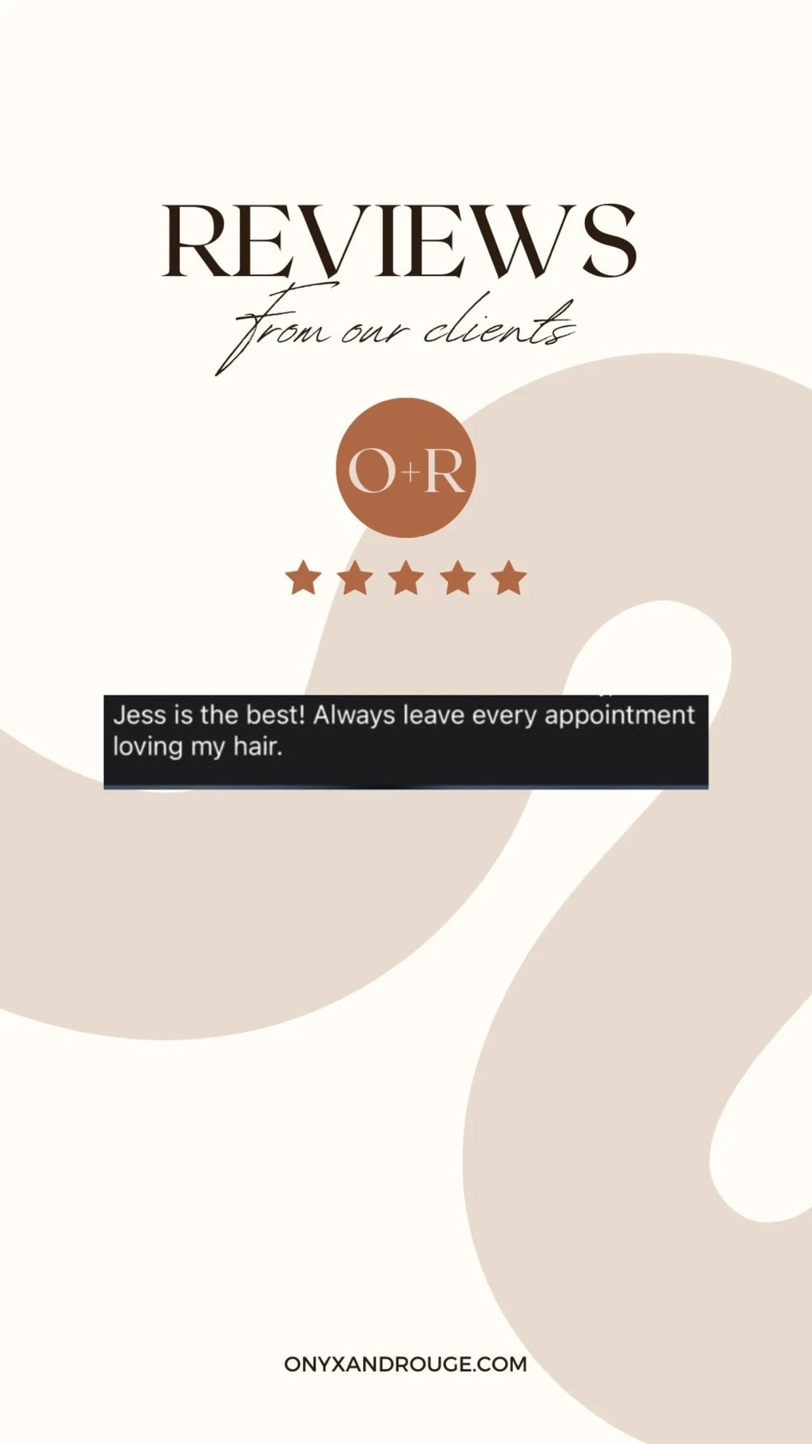 A review promotion image with five-star ratings, featuring a customer testimonial about hair service, and the website onyxandrouge.com.