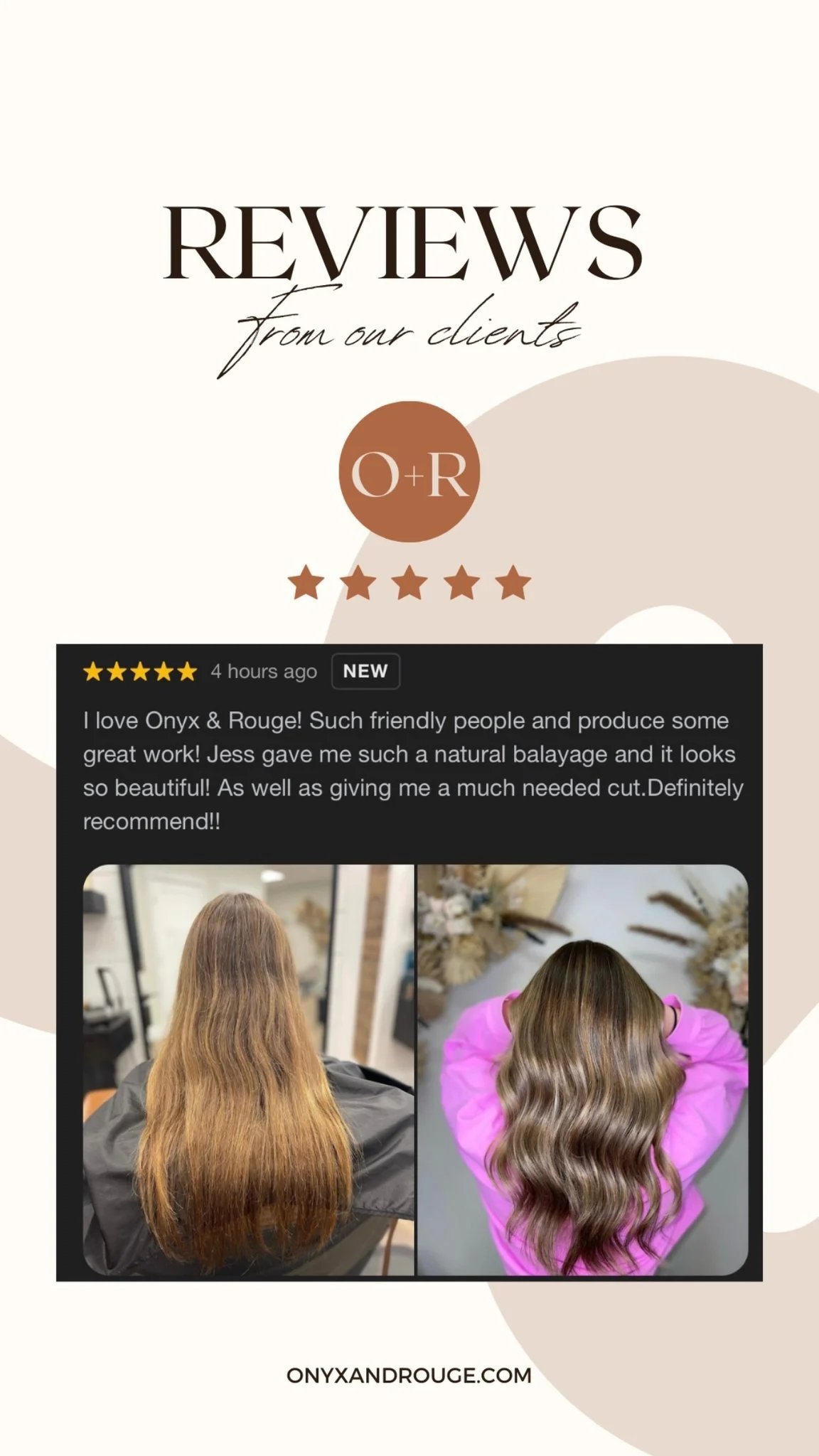 Design of a review post showing before and after pictures of a woman's hair transformation, with five-star ratings, a customer review, and website URL.