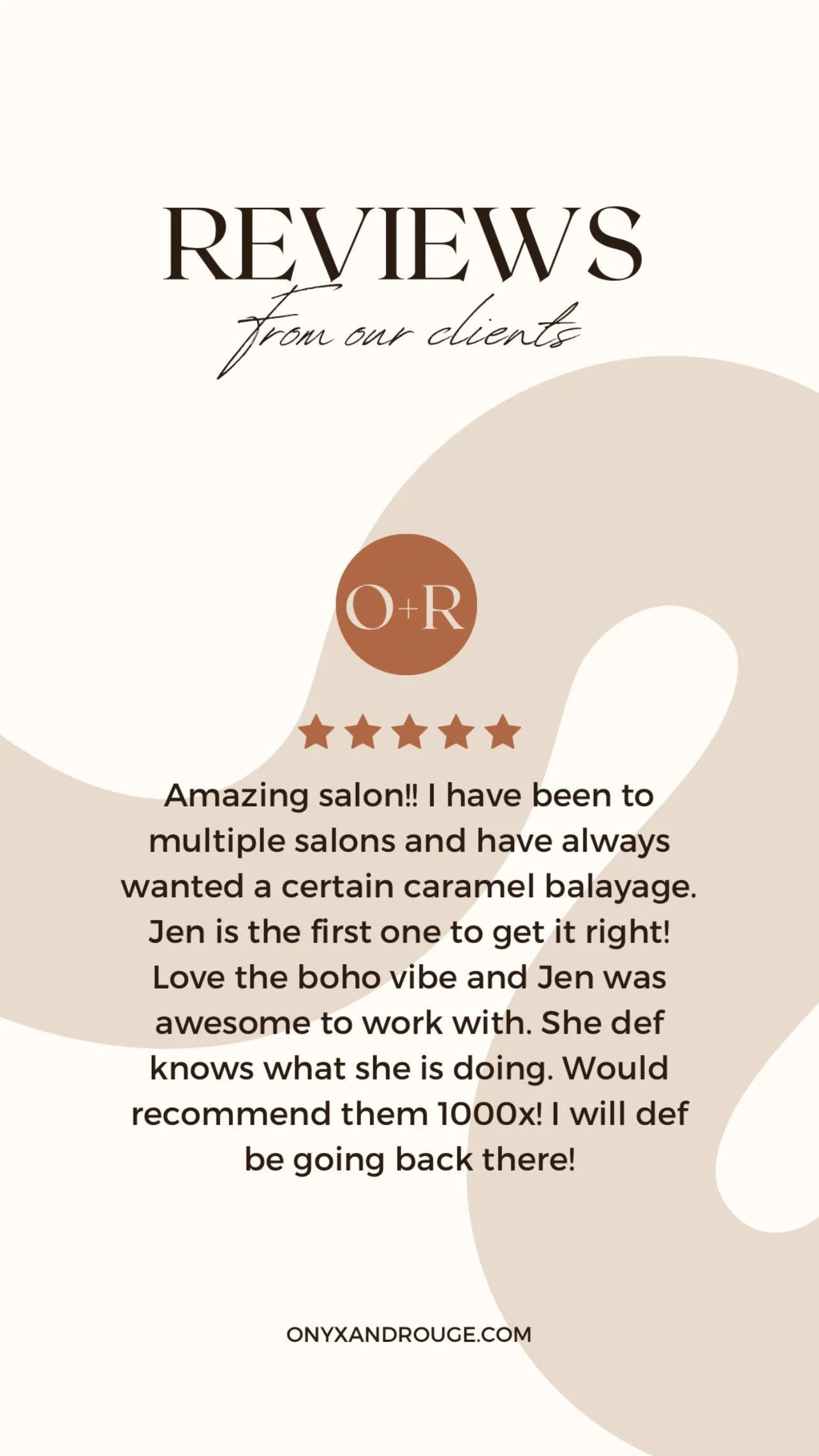 A review testimonial for a salon from a customer, praising Jenn's work and recommending the salon.