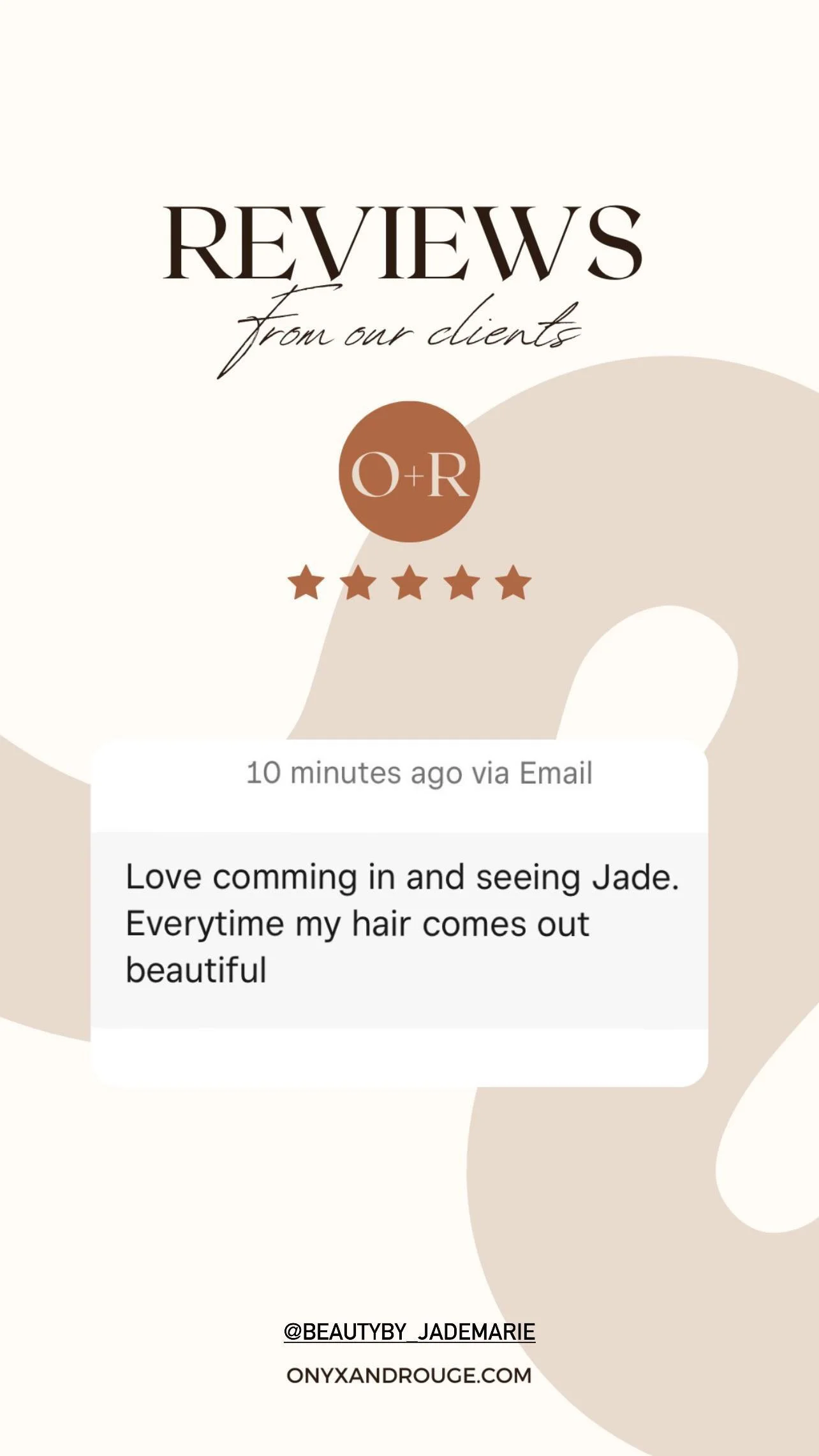 A graphic showing reviews from clients, with a 5-star rating, including a testimonial about hair results, and contact information.