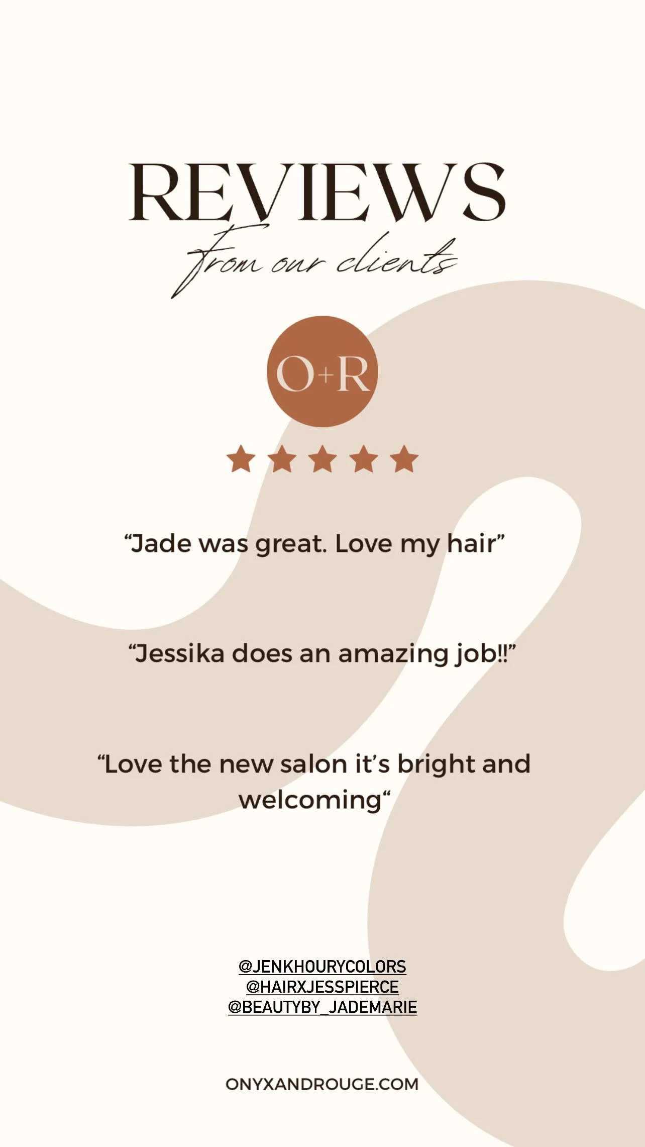 A graphic displaying customer reviews for a salon or stylist, with star ratings and positive feedback from clients.