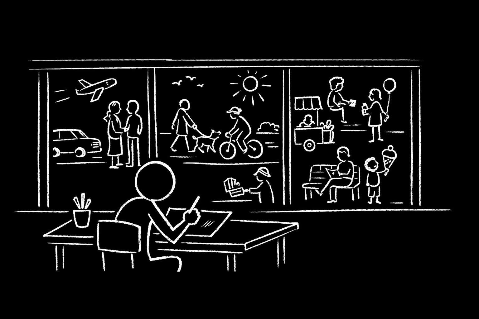 Skizze eines Fensters mit verschiedenen Aktivitäten: Autogramm an einem Auto, Spaziergang mit Hund, Radfahren, Essenstand, Lesen, Kinder mit Ballon und Eis, Person am Tisch mit Pflanze.