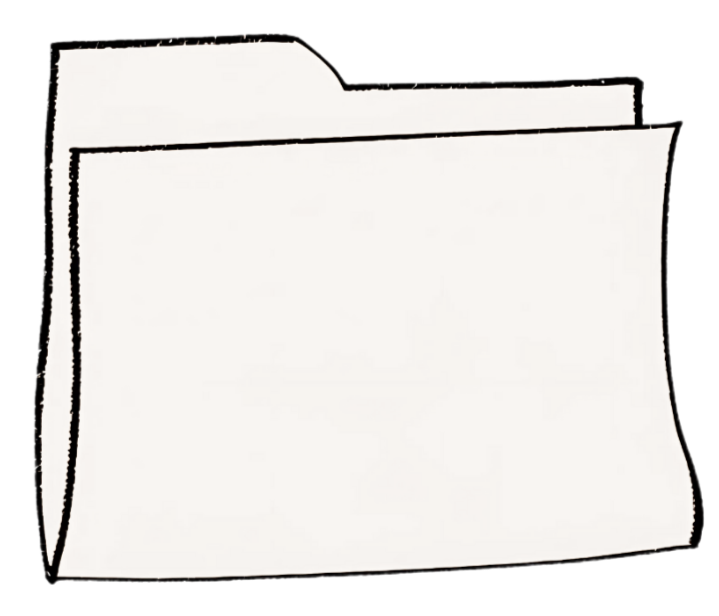A cartoon illustration of a white paper file folder with an open tab.