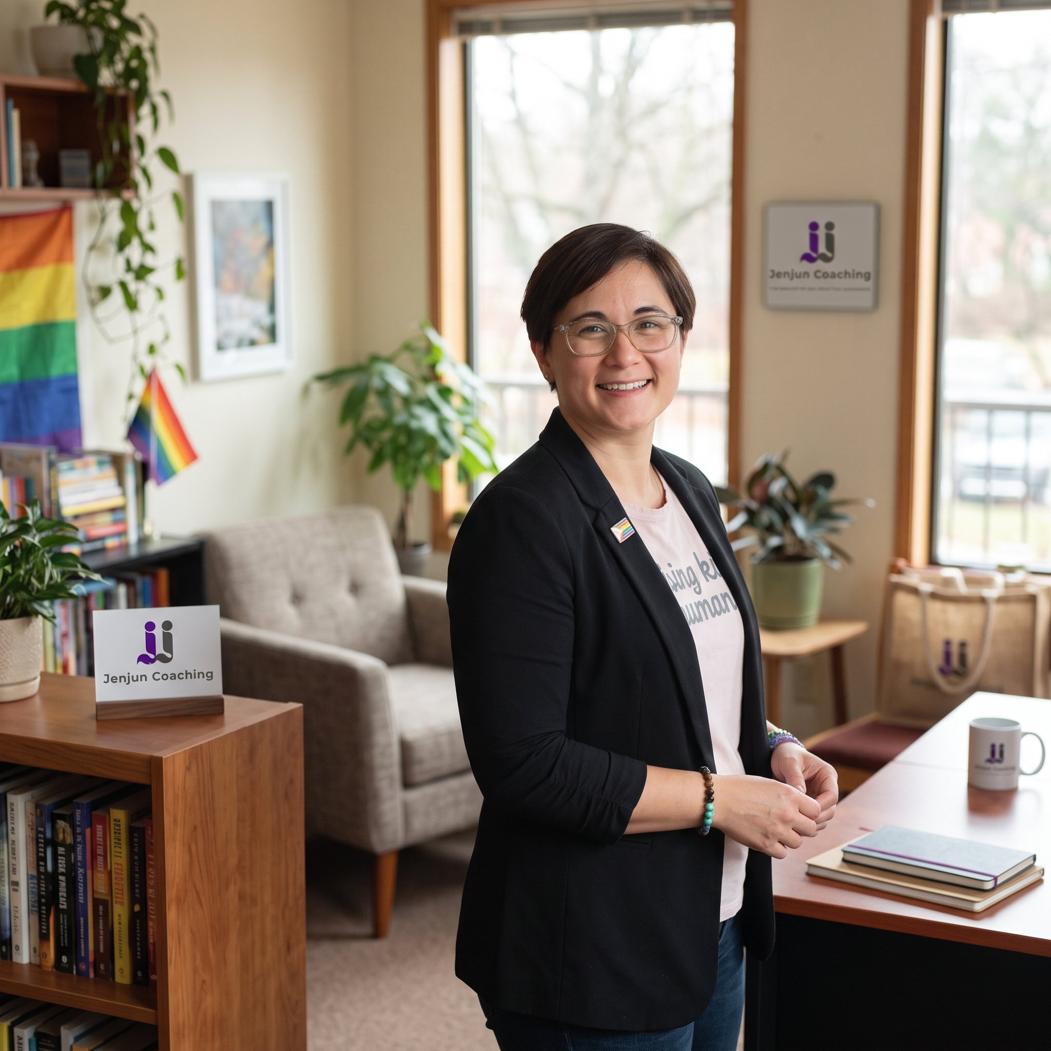 A smiling woman with short dark hair and glasses, wearing a black blazer, standing indoors near bookshelves and a window, with a Jenjun Coaching sign in the background.