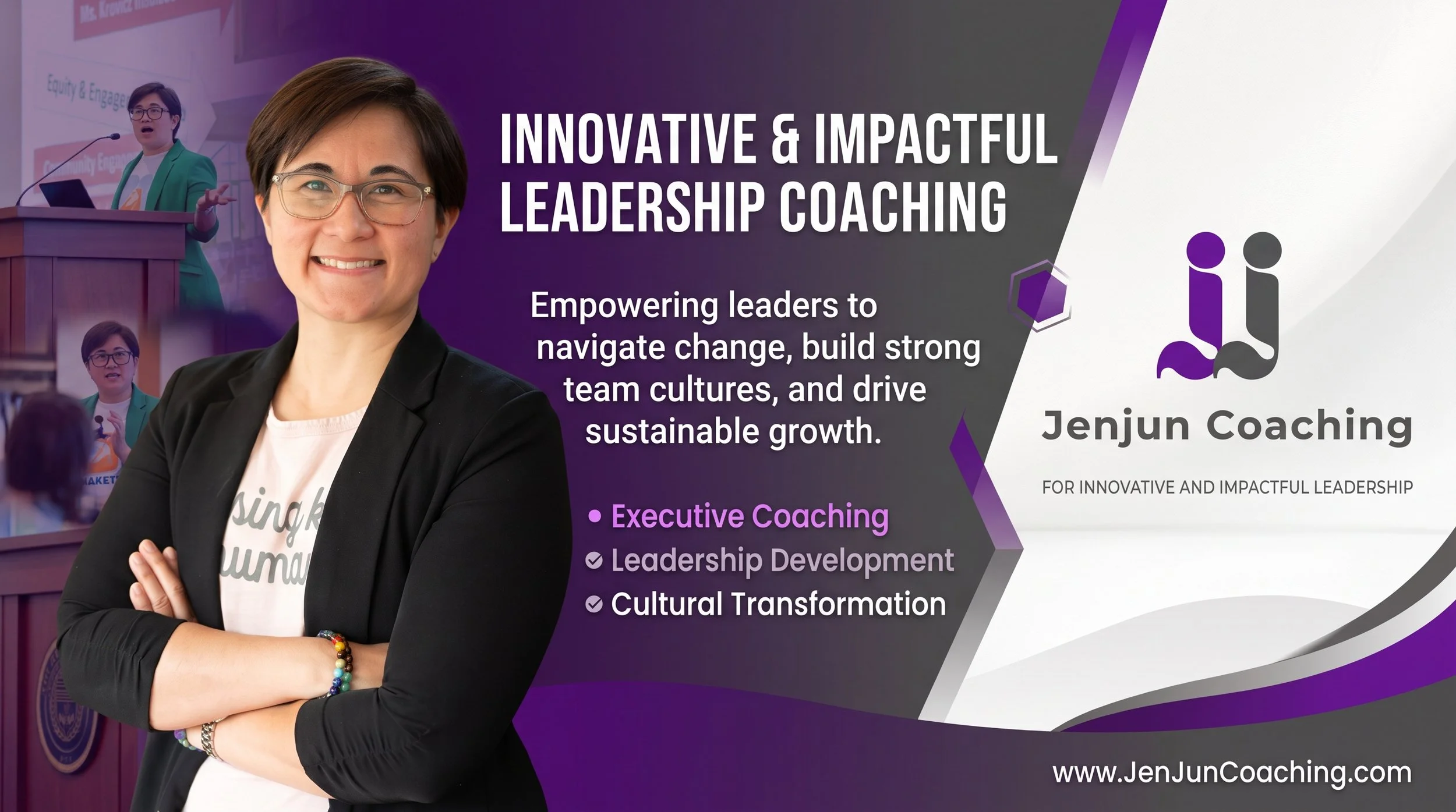 A woman with short dark hair and glasses smiling at the camera, standing with arms crossed in front of a promotional banner for leadership coaching, featuring text about empowering leaders, innovation, and impact.