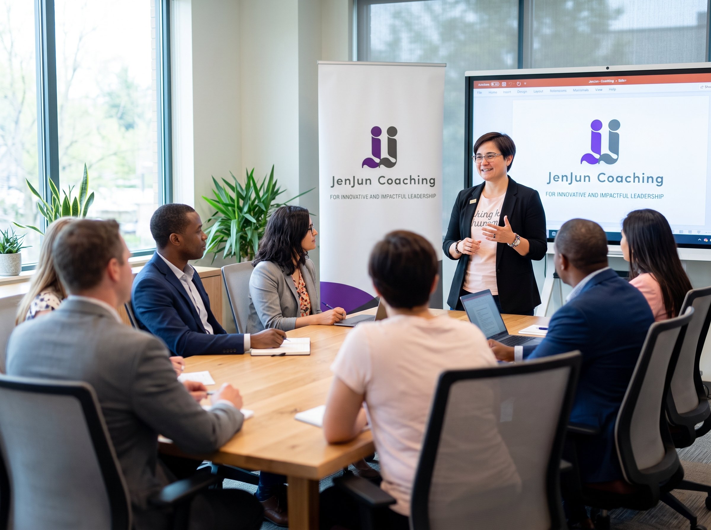 A woman is standing and speaking in front of a group of diverse people seated around a conference table in a modern office, with a large screen displaying the logo and name "JenJun Coaching" and a banner with the same logo next to her.