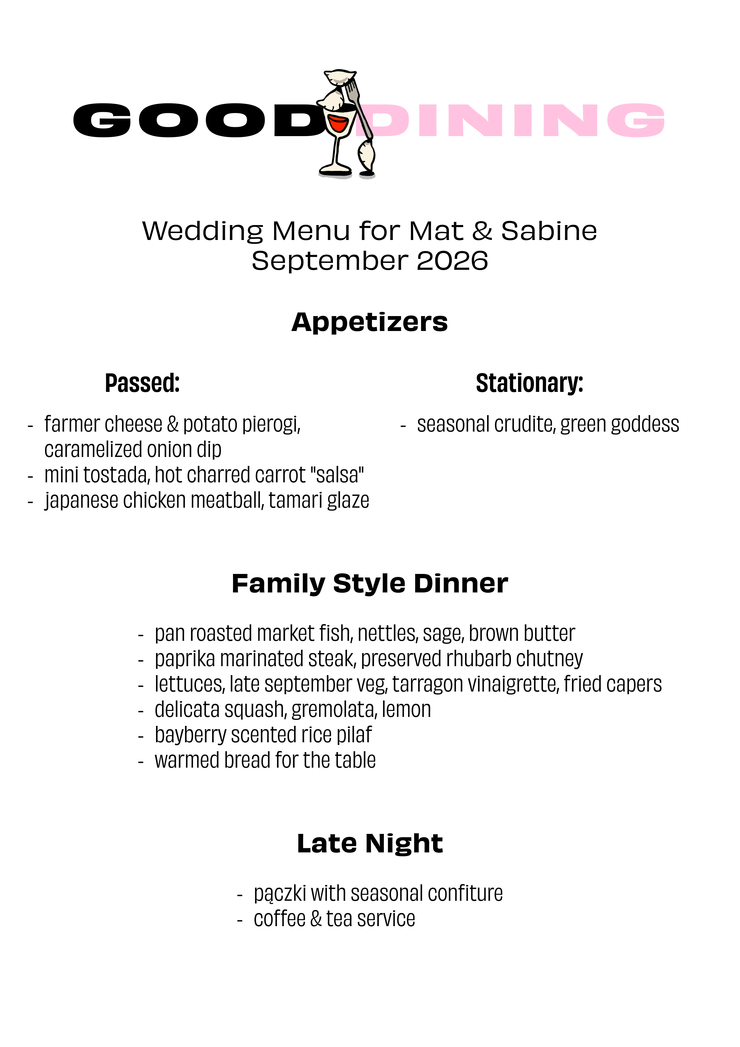 Sample wedding menu Martha’s Vineyard
