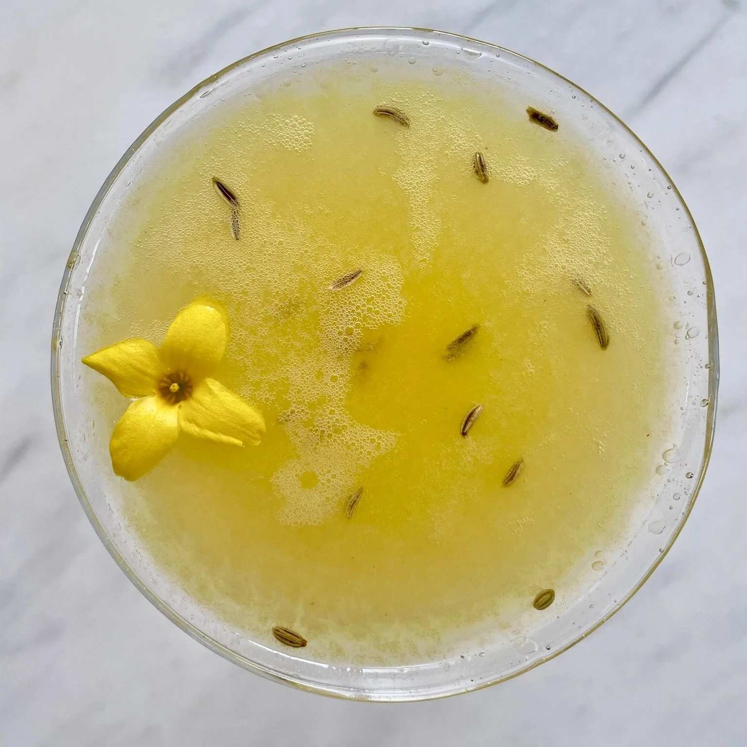 A yellow beverage in a glass garnished with a yellow flower and scattered seeds, with a frothy surface.
