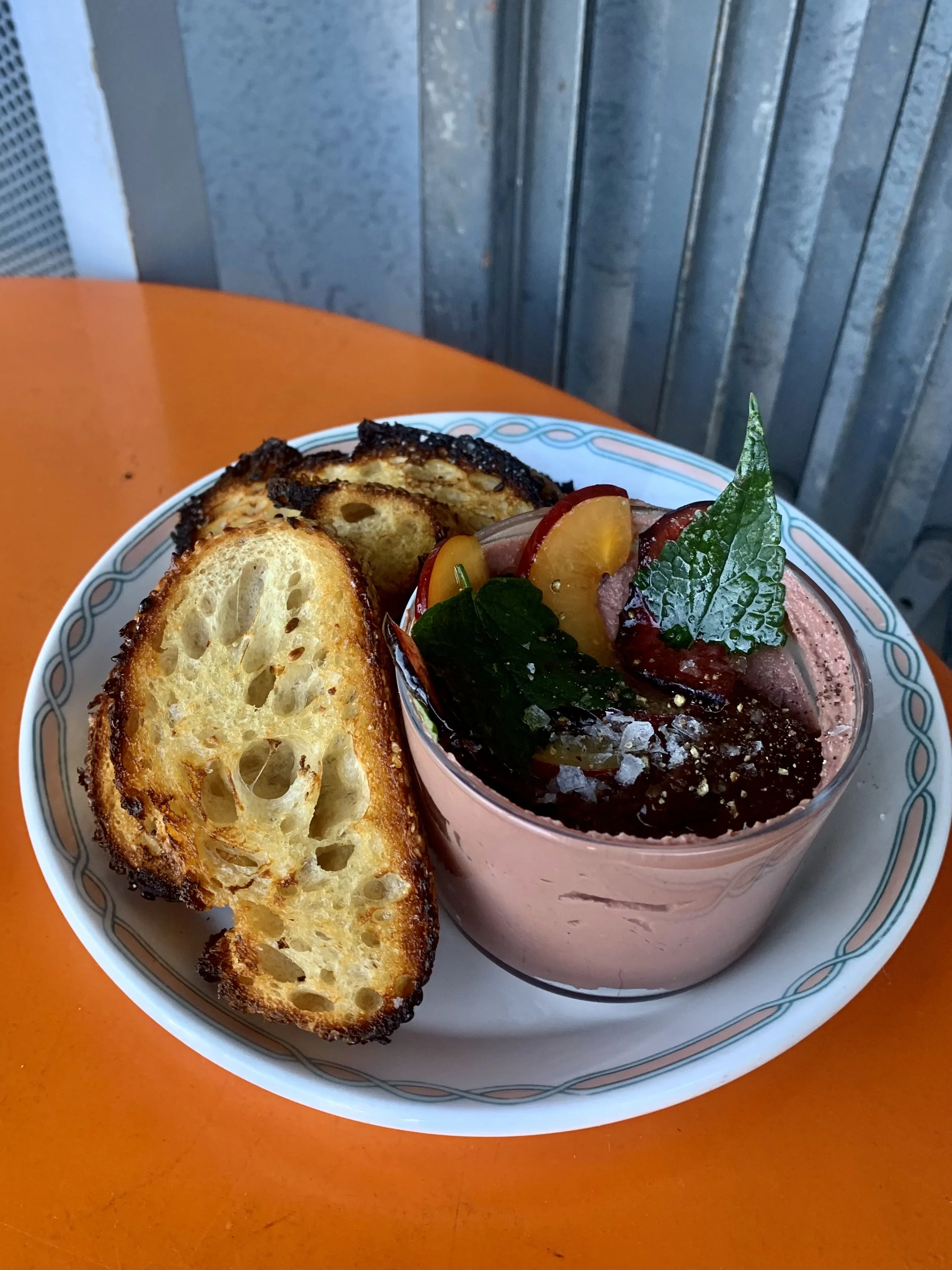 Chicken liver mousse first course dinner. 