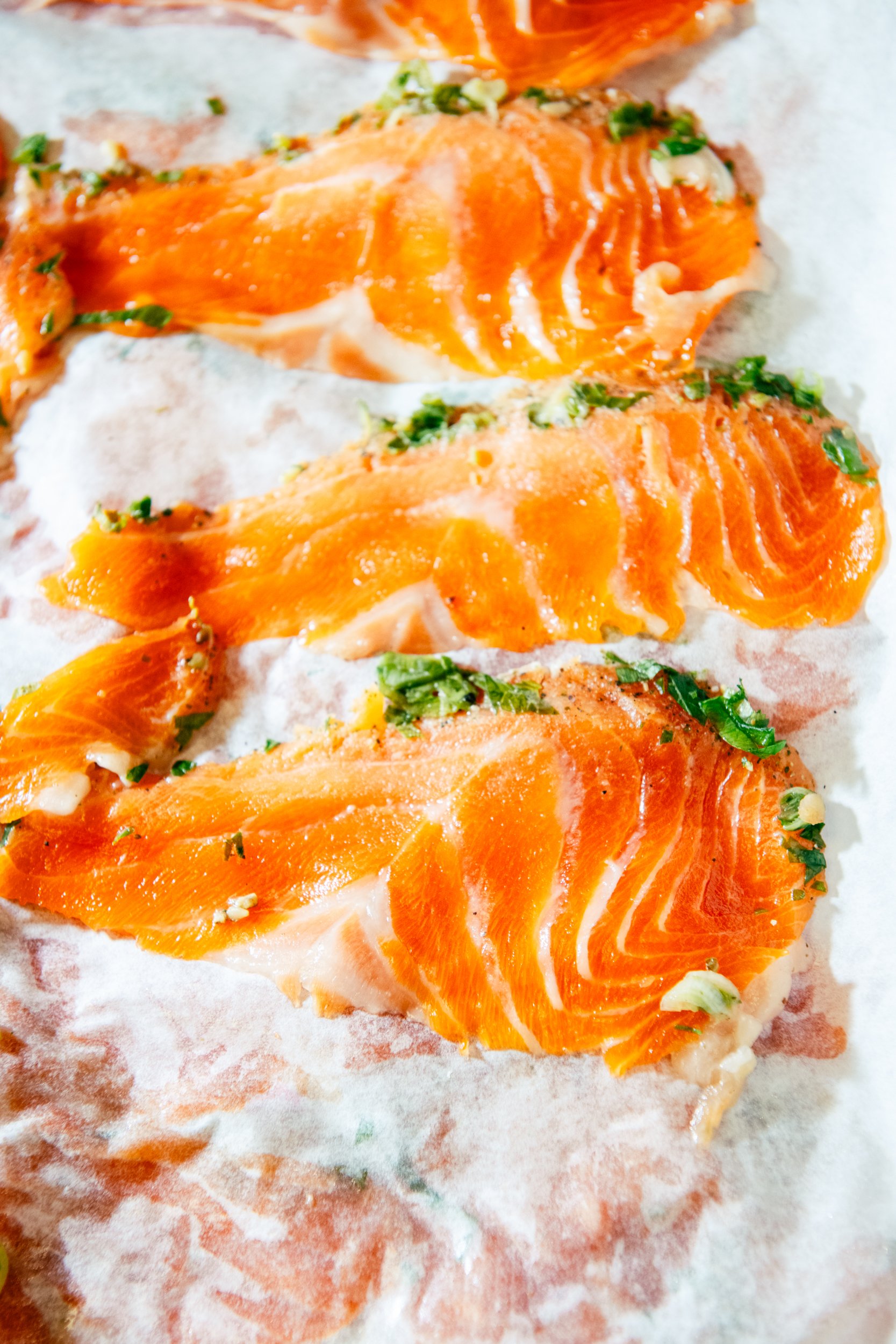 Raw salmon fillets garnished with chopped green onions on a sheet of parchment paper.