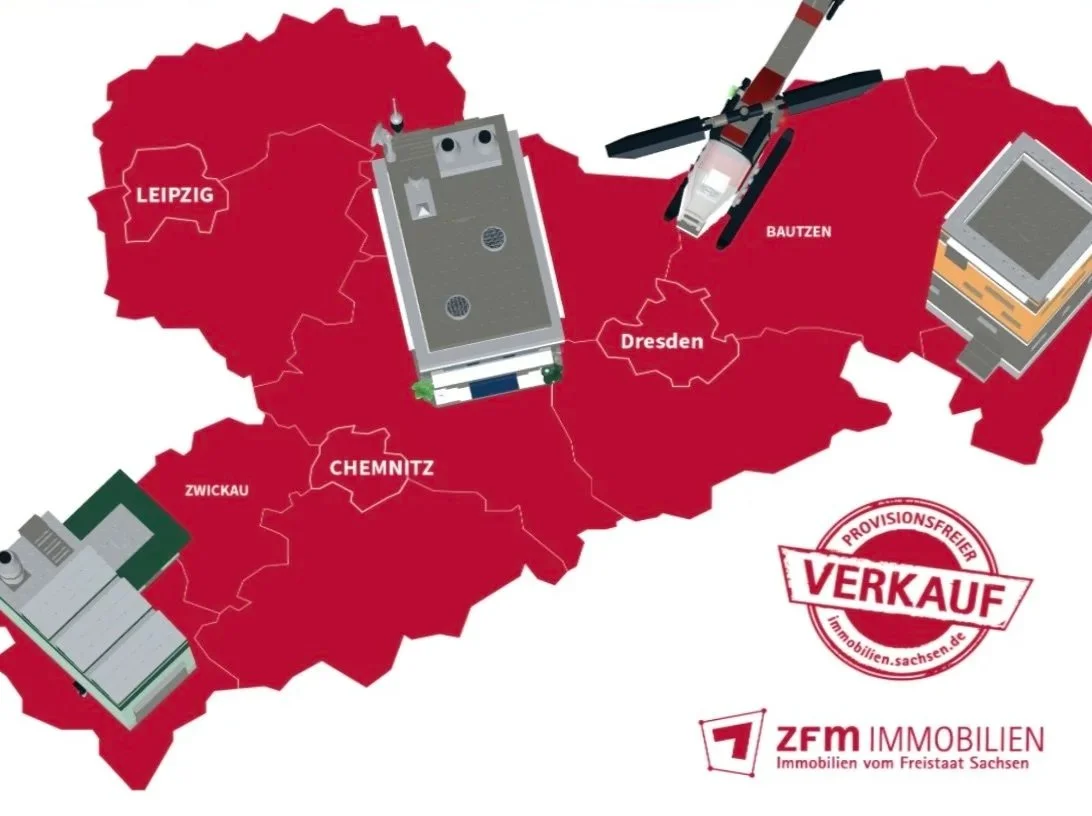 Karte Sachsen mit Verkaufsstellen von ZFM Immobilien, inklusive Städtenamen wie Leipzig, Dresden, Chemnitz, Zwickau und Bautzen, mit verschiedenen Gebäude-Illustrationen und einem Siegel "Verkauf".