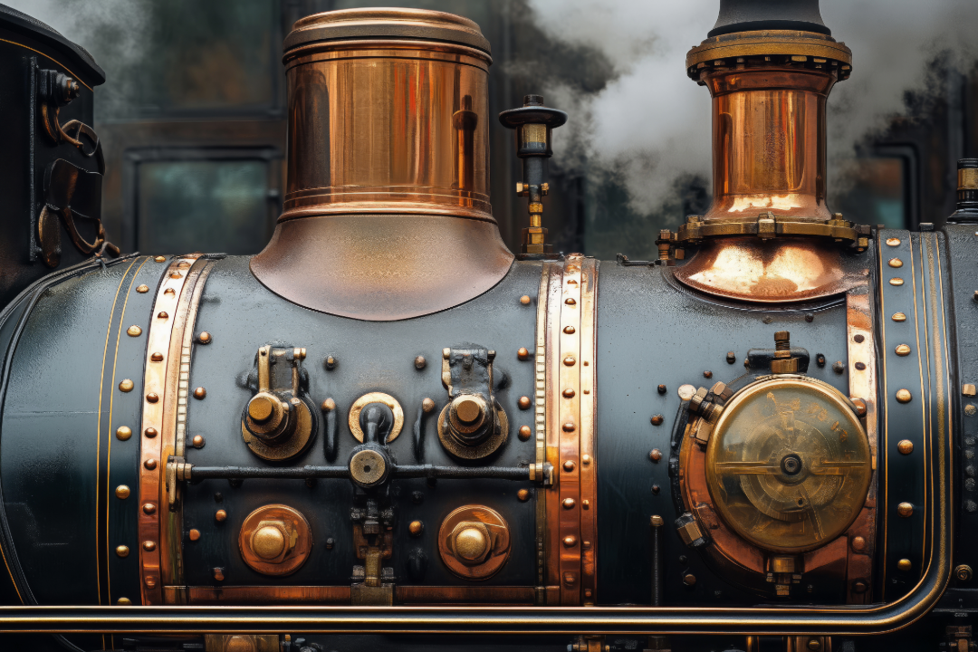 Close-up of a vintage steam locomotive engine with copper and black metal components, gauges, and steam emitting from the top.
