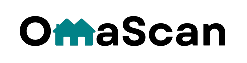 Omascan logo with stylized house icon replacing the letter 'M' in black and teal.