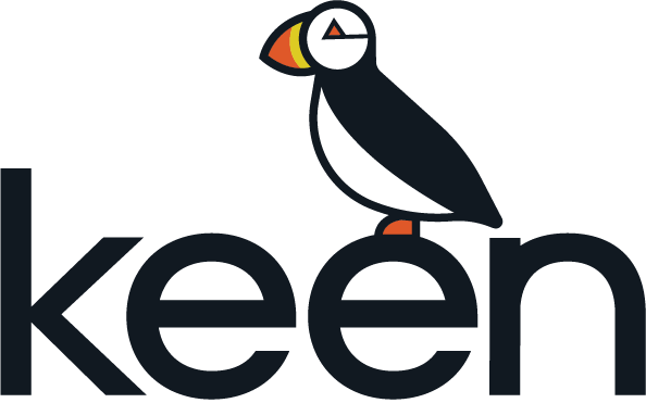 Keen logo with a stylized puffin bird sitting on the letter 'e'.