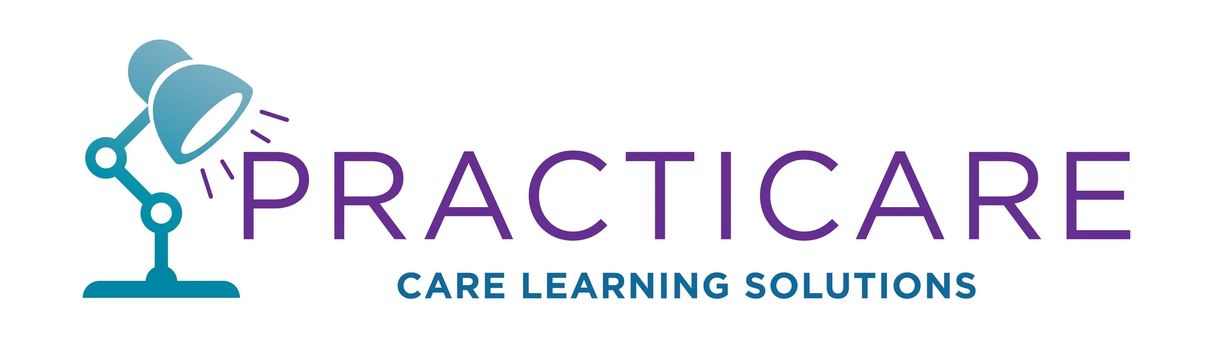 Practicare logo, featuring a blue adjustable desk lamp and purple text.