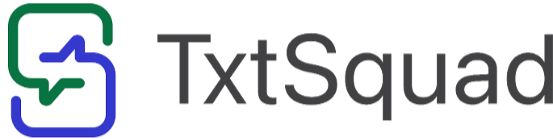 TxtSquad logo with green and blue speech bubbles and a checkmark.