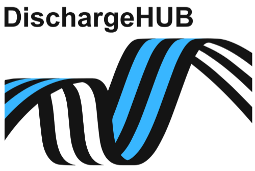 DischargeHUB logo with black, white, and blue intertwined lines.