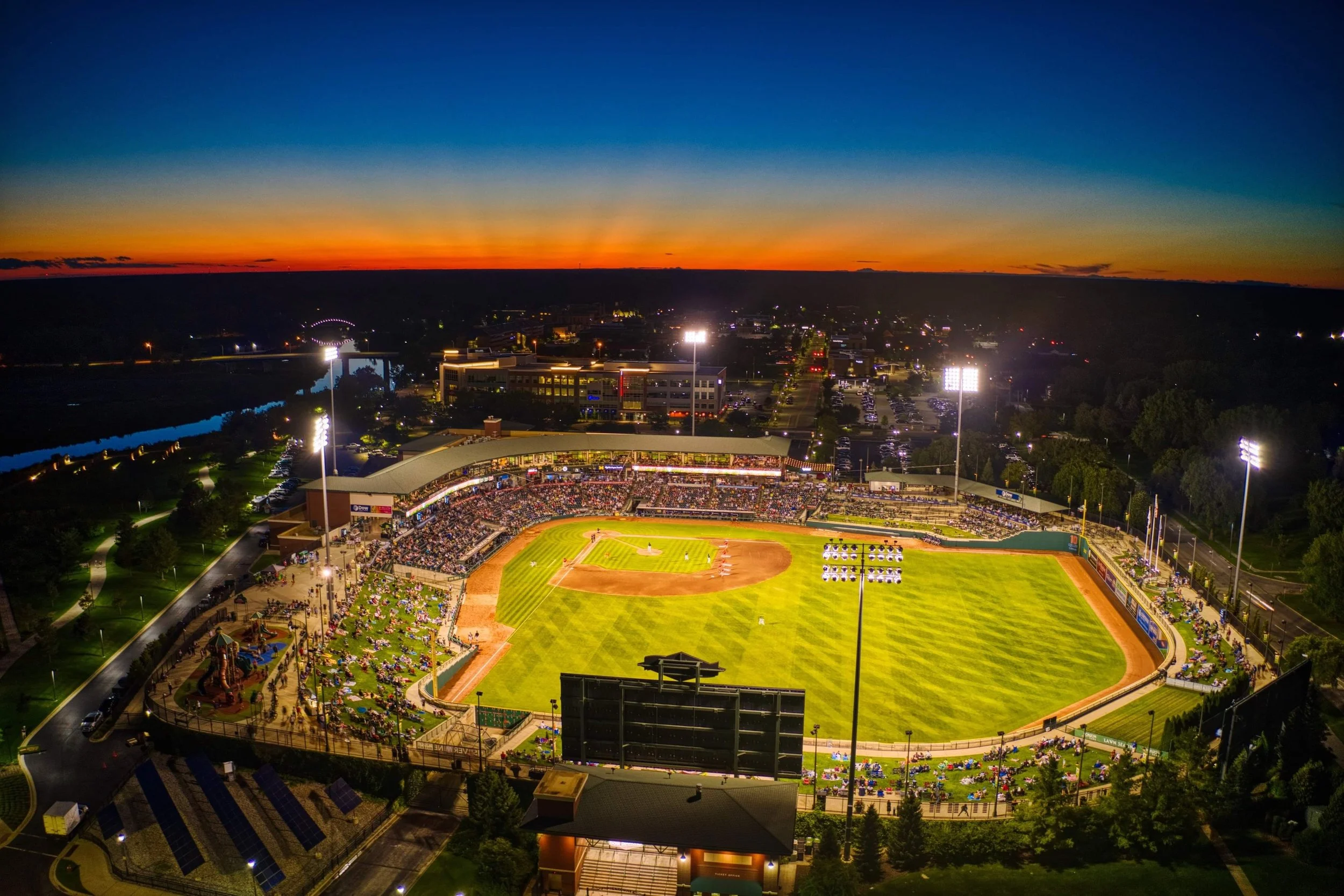 Nighttime drone photo at Dow Diamond in Midland Michigan.
